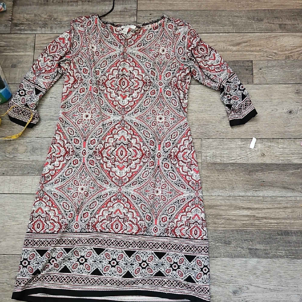 Red and White Sheath Dress with Cuffed 3/4 Sleeves
